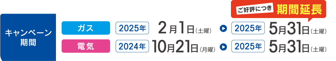 キャンペーン期間 ガス ご好評につき期間延長 2025年2月1日(土曜)〜2025年5月31日(土曜) 電気 2024年10月21日(月曜)〜2025年5月31日(土曜)